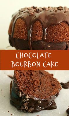 chocolate bourbon cake on a plate with the title above it