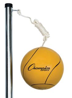 a yellow ball hanging from a metal pole with a white rope attached to the top