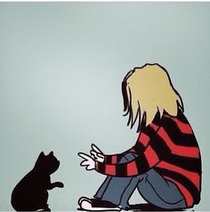 a person sitting on the ground with a black cat next to them and another drawing of a woman