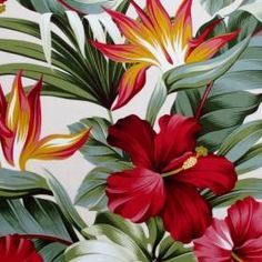 a painting of red and yellow flowers with green leaves on a white wallpaper background