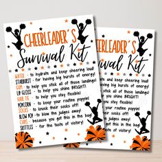 two cheerleader's survival kit cards on a table