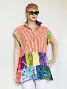 "A great summer shirt, made fabulous by adding many colors and patterns from my designer cottons. Bust 52\" Hips 60\" Length 33\" Armhole 33\" machine wash, tumble dry" Colorful Patchwork Short Sleeve Tops, Bohemian Patchwork Shirt For Summer, Colorful Cotton Patchwork Tops, Colorful Relaxed Fit Cotton Shirt, Colorful Patchwork Cotton Tops, Multicolor Print Cotton Shirt For Beach, Multicolor Print Cotton Beach Shirt, Multicolor Cotton Beach Shirt, Colorful Cotton Short Sleeve Shirt