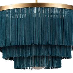 a green chandelier with fringes hanging from it's centerpiece, on a white background