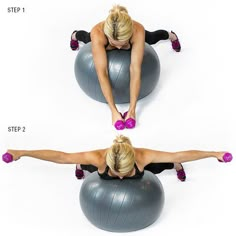 a woman doing exercises on an exercise ball