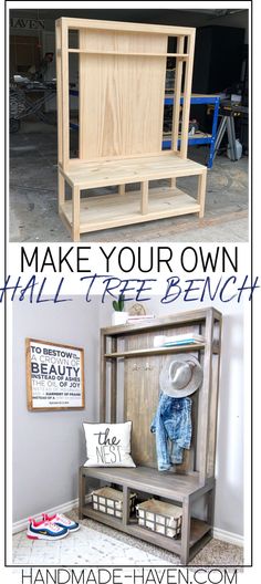 two pictures with the words make your own hall tree bench