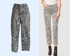 "FRAME Denim Los Angeles Le High Straight jeans. Discover the perfect blend of classic style and bold print with the Frame Zebra Stripe Trousers. These striking trousers by Frame are designed to make a statement while offering unparalleled comfort and versatility. Key Features: Chic Zebra Print: Embrace the wild side of fashion with the captivating zebra stripe print. It's a fusion of boldness and sophistication that sets you apart in any crowd. Timeless Black and White: The timeless combination of black and white allows these trousers to effortlessly complement various outfits. From casual to chic, these trousers adapt to your style needs. Quality Cotton-Elastane Blend: Crafted from a premium blend of 99% cotton and 1% elastane, these trousers offer a comfortable stretch that moves with y Bold Prints, Frame Denim, Zebra Print, Cropped Jeans, Stripe Print, Straight Jeans, Straight Leg Jeans, Unique Style, Classic Style