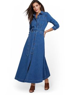 Denim Maxi Shirtdress | New York & Company Dress For Older Women, Denim Long Dress, Denim Maxi Dress, Utility Style, Denim Maxi, Denim Details, Petite Fashion, Shirtdress, Medium Blue