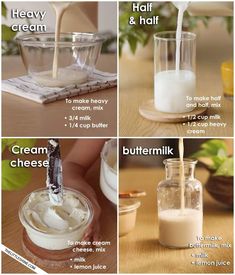 four pictures showing how to make homemade whipped cream in glass containers and milk being poured into them