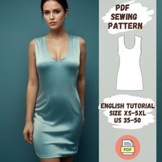 a woman in a short dress is standing next to a wall with the text, english sewing pattern