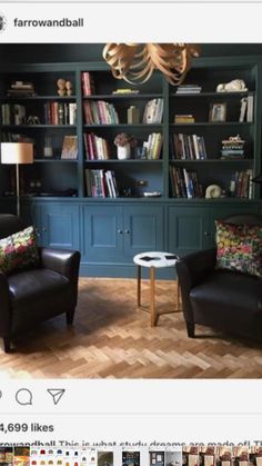 an instagram page with two chairs and a table in front of bookshelves