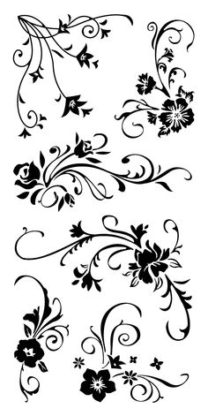 an artistic floral design with black flowers and leaves on a white background, in the shape of a letter e