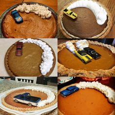 there are many different pies with cars on them