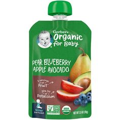 an organic baby food pouch with blueberries, pears and avocado