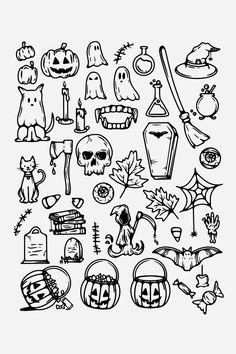 black and white halloween doodles with pumpkins, bats, ghost heads, jack - o'- lanternes