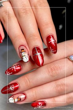 red christmas nails with snowman Festive Nails Christmas, Vintage Nail Art