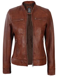 Embrace your rebellious side with the Dodge Women's Cognac Motorcycle Leather Jacket. Perfect for any occasion, this jacket's rich cognac color adds sophistication and warmth to your look as you hit the open roads or explore the city. Trust it to be your perfect adventure companion. Specification: 100% Real Lambskin Leather. Inner soft polyester lining Front zipper closure, zippered cuffs. Four outer pockets, one inside. One extra inside mobile pocket. Cognac wax finishing The colours of the ori Racer Leather Jacket, Leather Jacket For Women, Cafe Racer Leather Jacket, Open Roads, Motorcycle Leather Jacket, Leather Varsity Jackets, Classic Leather Jacket, Leather Jacket Women, Cafe Racer Style