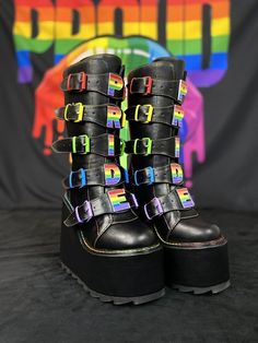 DUNE PRIDE STRAPS - BLACK - Y R U Pride Platform Boots, Rainbow Platform Boots, Gothic Pride Outfit, Alt Pride Outfit, Pride Day Outfits, Lgbtq Shoes, Pride Looks Outfit, Rainbow Outfit Aesthetic, Rainbow Goth Aesthetic