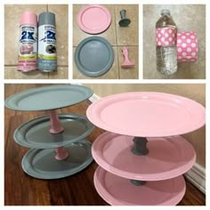 pink and grey cake stands with baking supplies