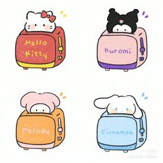 four hello kitty toasters with the words hello kitty written on them in different languages