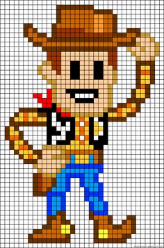 Woody Toy Story Cross Stitch, Toy Story Perler Bead Patterns, Toy Story Cross Stitch Patterns, Image Pixel Art, 8bit Art, Woody Toy Story