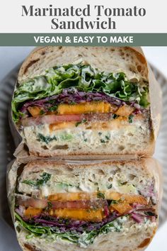 two sandwiches are stacked on top of each other with the words marinated tomato sandwich vegan and easy to make