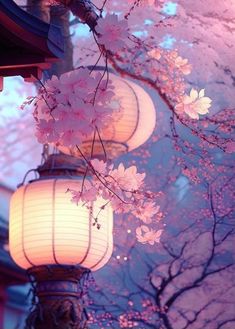 the lanterns are lit up with pink flowers on them