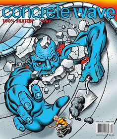 the cover to concrete wave magazine, featuring an image of a blue man holding a knife