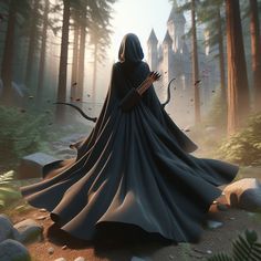 a person in a hooded cloak holding a bow and arrow standing on a path surrounded by trees