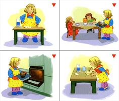 there are four pictures of children cooking in the kitchen