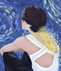 a painting of a woman sitting in front of a blue background with yellow circles on it