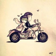 a drawing of two people on a motorcycle with hearts in the back tire and one man riding behind them