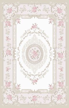 a white and pink rug with flowers on the bottom, in an ornate frame pattern