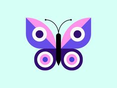 a purple butterfly with pink and blue spots on it's wings, against a light blue background