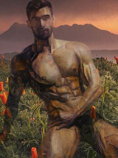 a painting of a man sitting in the middle of a field with flowers and mountains in the background