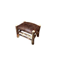 a chair made out of wood and leather with two wooden legs on the back, sitting in front of a white background