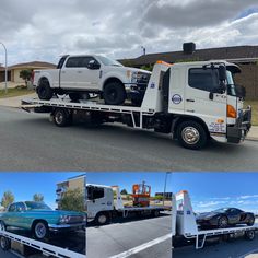 two pictures of tow trucks and cars on the back of a flatbed truck in front of a house