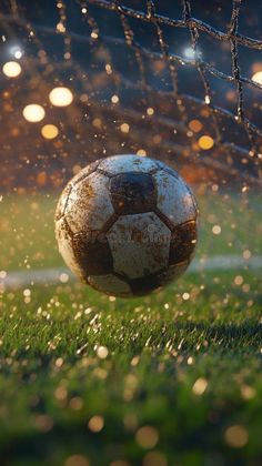 Soccer ball in action during match with rain and lights at night royalty free stock images
