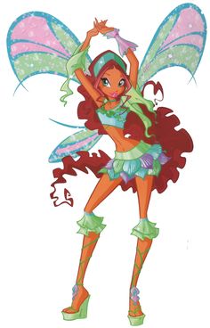 a drawing of a fairy with green and pink hair, holding her hands up in the air