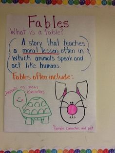 a bulletin board with writing on it and pictures of animals in different colors, including the words fables