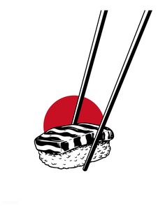 two chopsticks sticking out of a piece of sushi on a white background