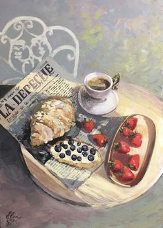 a painting of pastries and coffee on a tray with a newspaper next to it