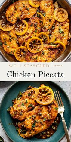 chicken piccata with oranges and herbs in a skillet on a blue plate