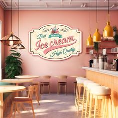 an ice cream shop with pink walls and yellow stools