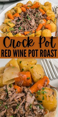 a plate with meat, potatoes and carrots on it next to a bowl of red wine pot roast