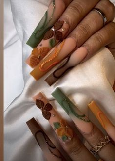 #follow #nailart #nails #nailsofinstagram #beautyblog #acrylicnails #longnails #blogging #blogger #blog Fancy Fall Acrylic Nails, Brown Encapsulated Nails, Full Set Nails Acrylic Fall, Fall Long Nails Ideas 2023, Fall Nail Designs With Gems, Edgy Fall Nails Acrylic, Fall Nails 2023 Long Square, Xl Fall Nails, Fall Theme Nails Acrylic