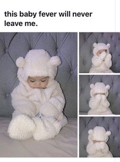 a baby in a bear costume sitting on top of a couch next to four pictures