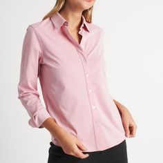 Dressbarn Color: Pink Size: L Feminine Fitted Button-up Shirt, Fitted Feminine Button-up Shirt, Feminine Shirt With Button Closure And Spread Collar, Classic Pink Blouse With Buttons, Elegant Pink Shirt With Buttons, Blouse Images, Classic Blouse, Black Button Up Shirt, Kit And Ace