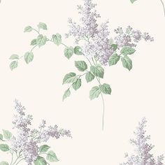 a white wallpaper with green leaves and flowers on the top right hand corner is an image of lilacs