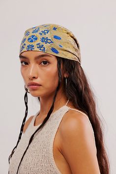 Forever cool and classic, this perfectly printed bandana is the ideal piece to add a little something special to absolutely any style. | Hearts On Fire Bandana by Free People in Blue Boho Bandana Outfit, Camp Counselor Hair, Fall Bandana Outfits, Bandana On Hair, Head Bandana Outfit, Crochet Bandana Outfit, Bandana Long Hair, How To Style A Bandana, Hair Bandana Styles