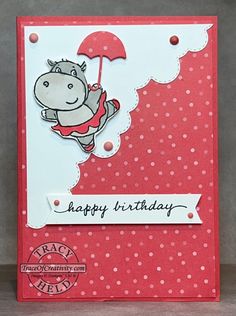 a card with a hippo holding an umbrella